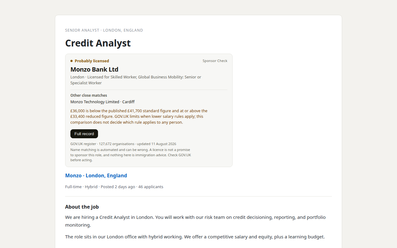 Sponsor Check result shown inside a UK job advert